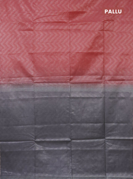 Semi bamboo tissue saree peach shade and grey with allover silver zari weaves and zari woven piping border