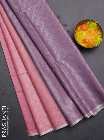 Semi bamboo tissue saree peach pink and mild purple with allover silver zari weaves and zari woven piping border
