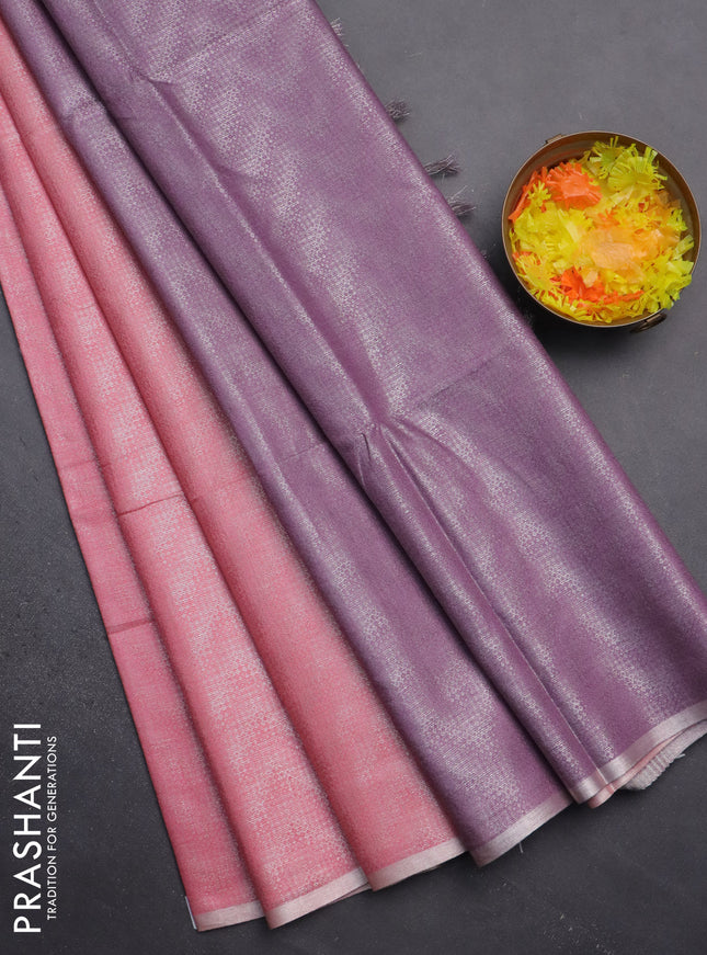Semi bamboo tissue saree peach pink and mild purple with allover silver zari weaves and zari woven piping border