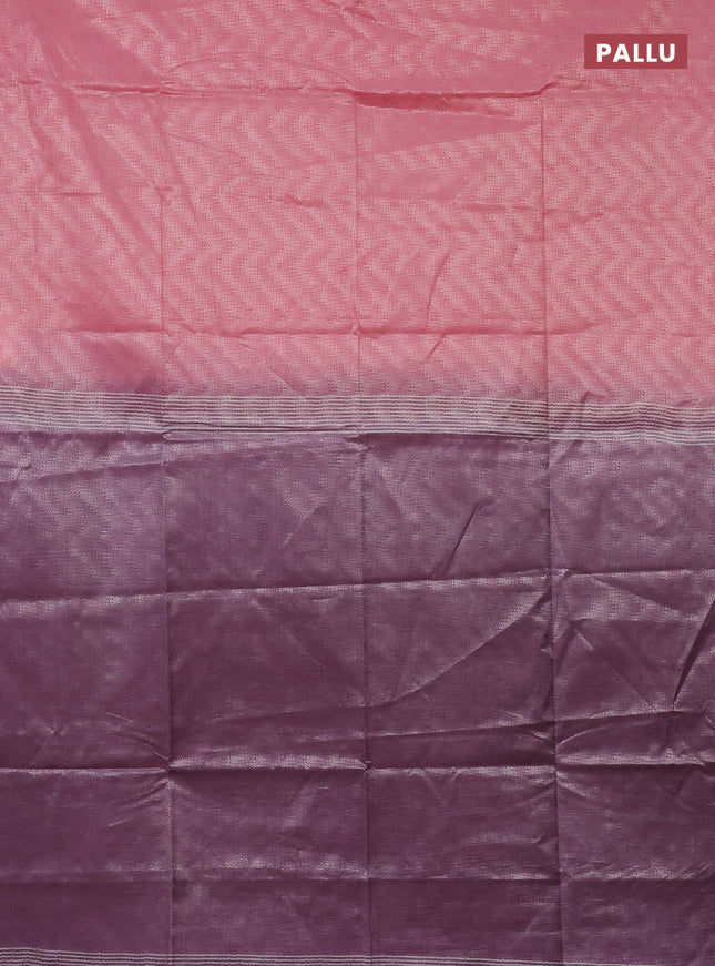 Semi bamboo tissue saree peach pink and mild purple with allover silver zari weaves and zari woven piping border