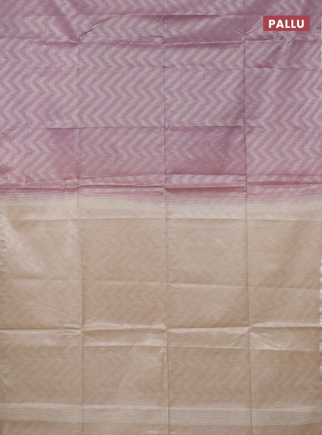 Semi bamboo tissue saree pastel pink and beige with allover silver zari weaves and zari woven piping border