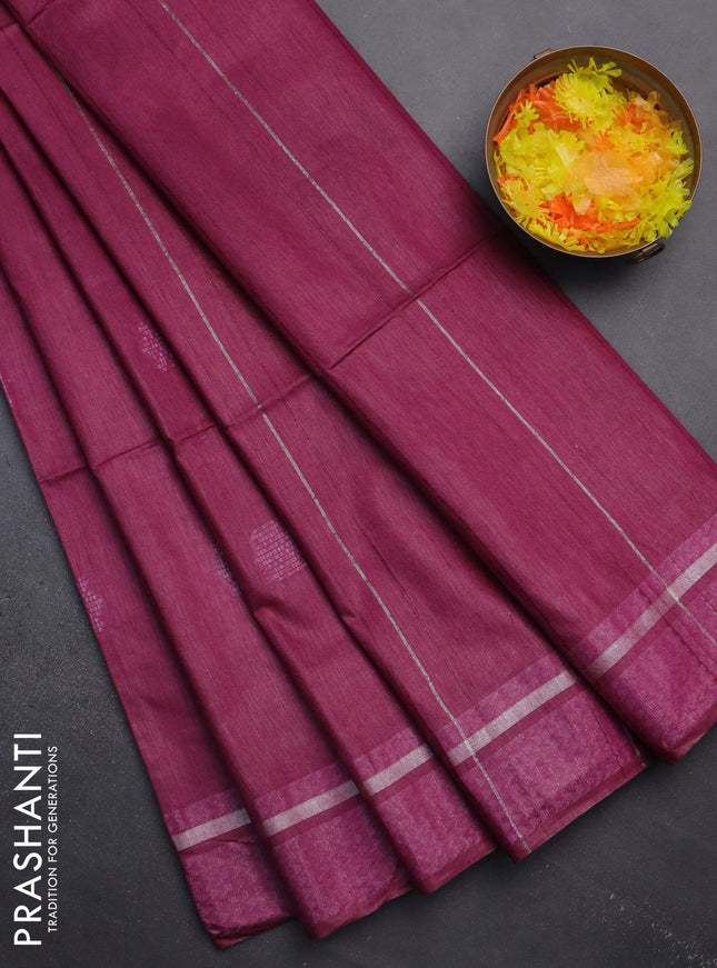 Semi bamboo saree magenta pink with woven buttas and zari woven simple border