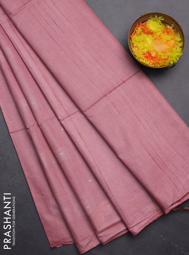 Semi bamboo saree peach pink with woven buttas in borderless style