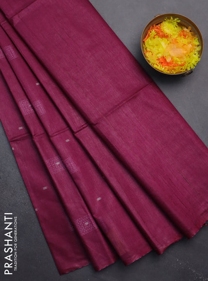 Semi bamboo saree dark magenta pink with woven buttas in borderless style