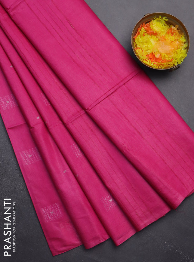 Semi bamboo saree pink with woven buttas in borderless style