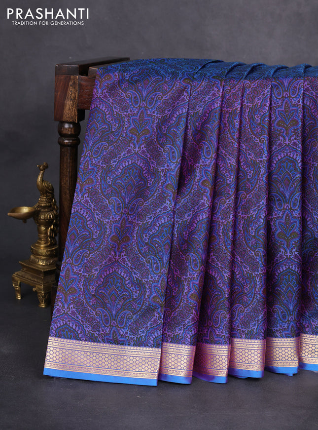 Printed silk saree dual shade of bluish purple with allover prints and zari woven border