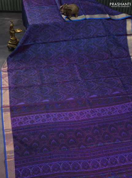 Printed silk saree dual shade of bluish purple with allover prints and zari woven border