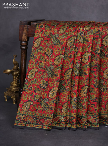 Printed silk saree maroon and black with allover kalamkari prints and printed border