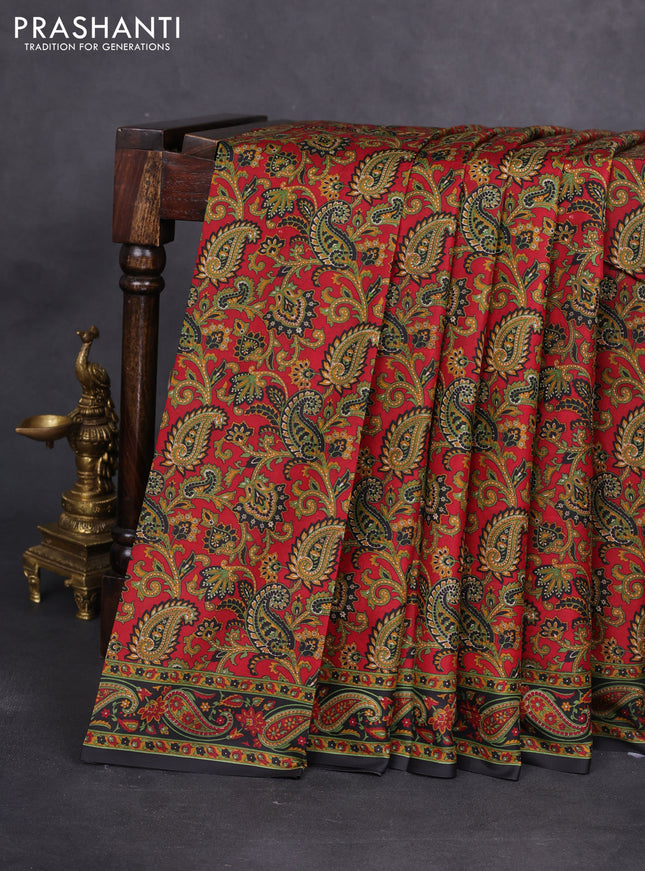 Printed silk saree maroon and black with allover kalamkari prints and printed border