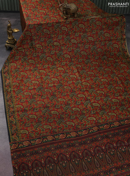 Printed silk saree maroon and black with allover kalamkari prints and printed border
