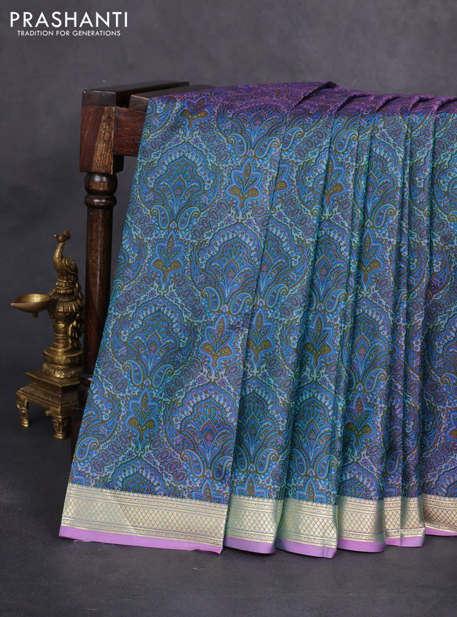 Printed silk saree dual shade of greyish lavender with allover prints and zari woven border