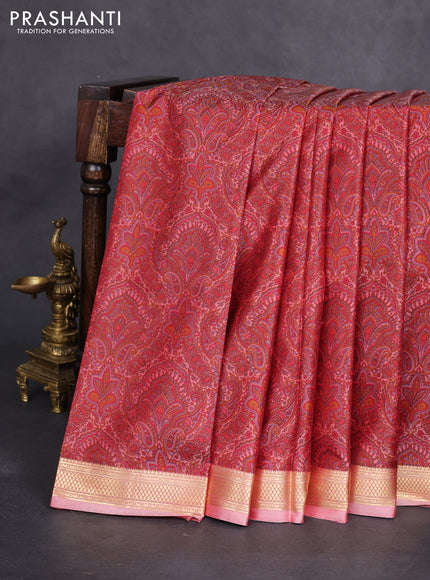 Printed silk saree red shade with allover prints and zari woven border