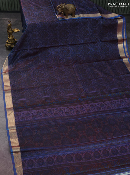 Printed silk saree dual shade of blue with allover prints and zari woven border