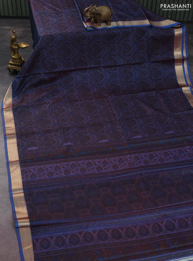 Printed silk saree dual shade of blue with allover prints and zari woven border
