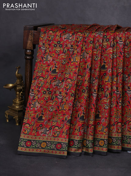 Printed silk saree maroon and black with allover kalamkari prints and printed border