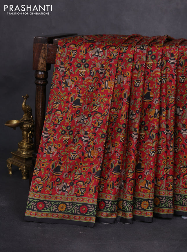 Printed silk saree maroon and black with allover kalamkari prints and printed border