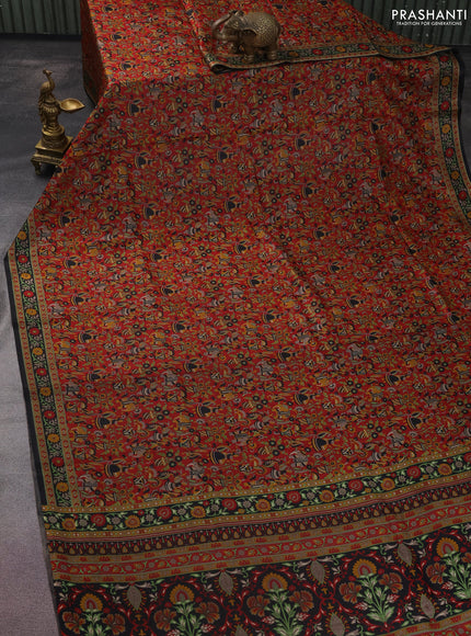 Printed silk saree maroon and black with allover kalamkari prints and printed border