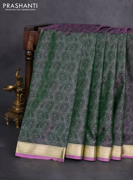 Printed silk saree dual shade of greenish purple with allover prints and zari woven border