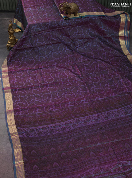 Printed silk saree dual shade of purple and teal green with allover paisley prints and zari woven border