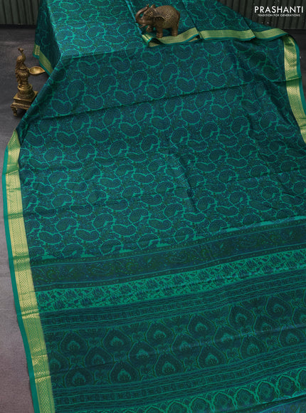 Printed silk saree green with allover paisley prints and zari woven border