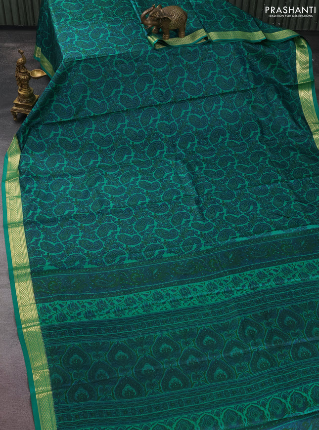 Printed silk saree green with allover paisley prints and zari woven border