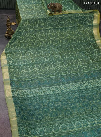 Printed silk saree dual shade of pastel green with allover paisley prints and zari woven border