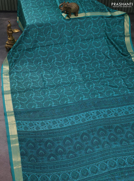 Printed silk saree teal green with allover paisley prints and zari woven border