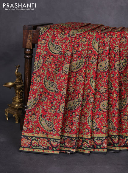 Printed silk saree maroon and black with allover kalamkari prints and printed border