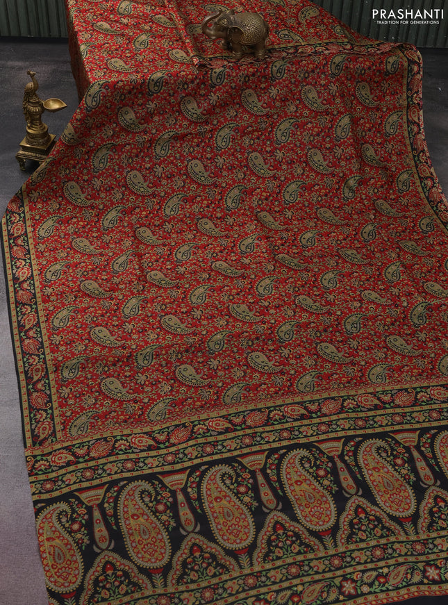 Printed silk saree maroon and black with allover kalamkari prints and printed border
