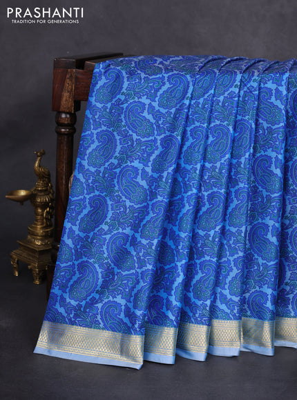 Printed silk saree pastel blue and royal blue with allover paisley prints and zari woven border
