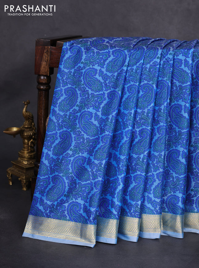 Printed silk saree pastel blue and royal blue with allover paisley prints and zari woven border