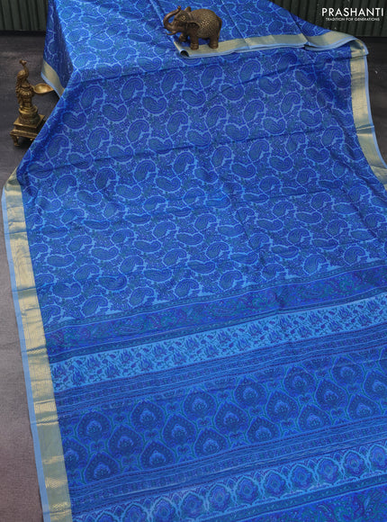 Printed silk saree pastel blue and royal blue with allover paisley prints and zari woven border