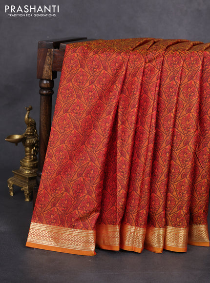 Printed silk saree dark mustard with allover prints and zari woven border