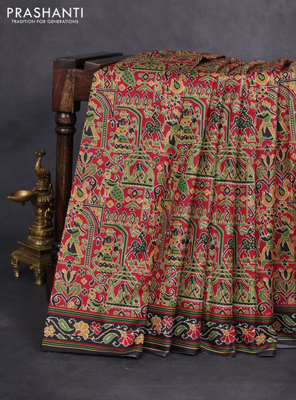 Printed silk saree maroon and black with allover ikat prints and printed border