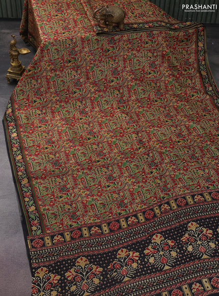 Printed silk saree maroon and black with allover ikat prints and printed border