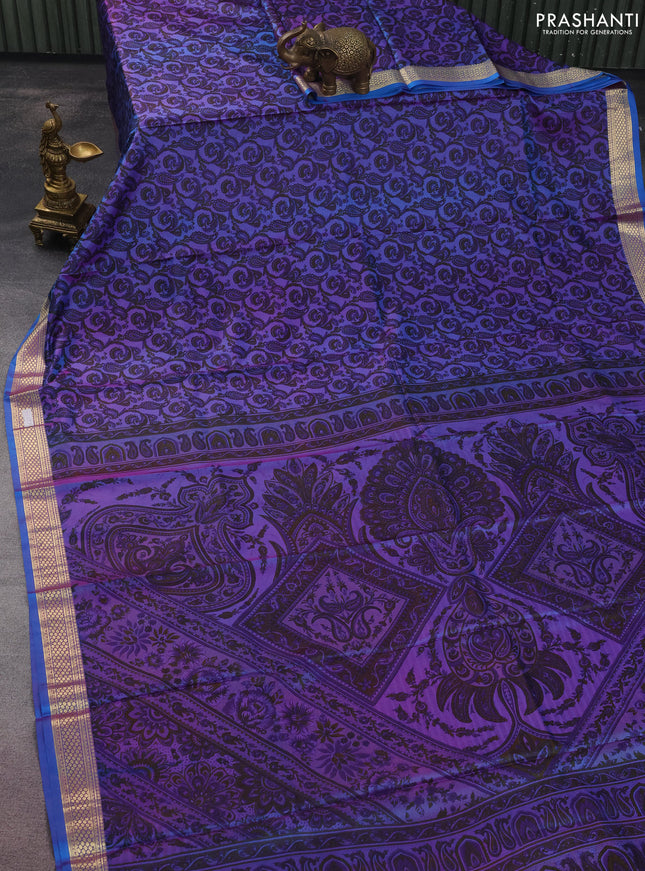 Printed silk saree dual shade of bluish purple with allover prints and zari woven border