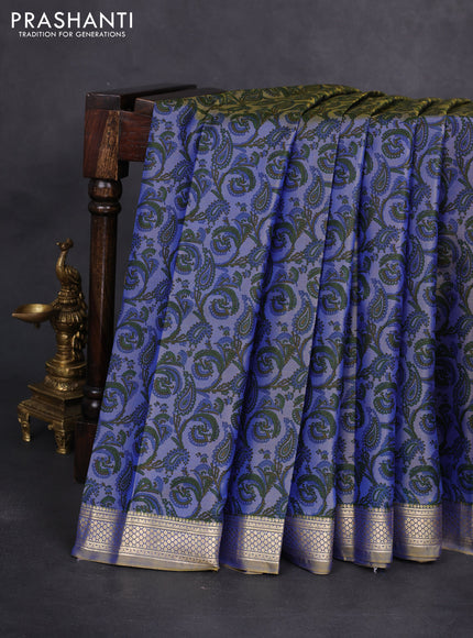 Printed silk saree dual shade of bluish mustard with allover prints and zari woven border