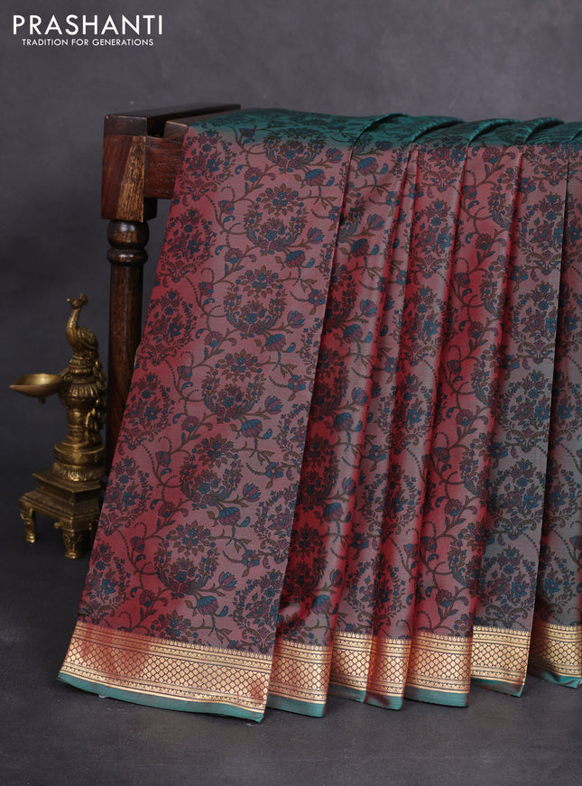 Printed silk saree dual shade of maroonish green with allover prints and zari woven border