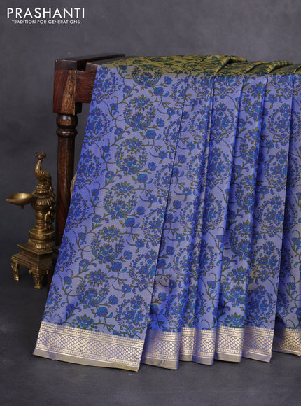 Printed silk saree dual shade of bluish yellow with allover prints and zari woven border