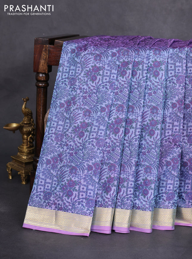 Printed silk saree dual shade of lavender with allover prints and zari woven border