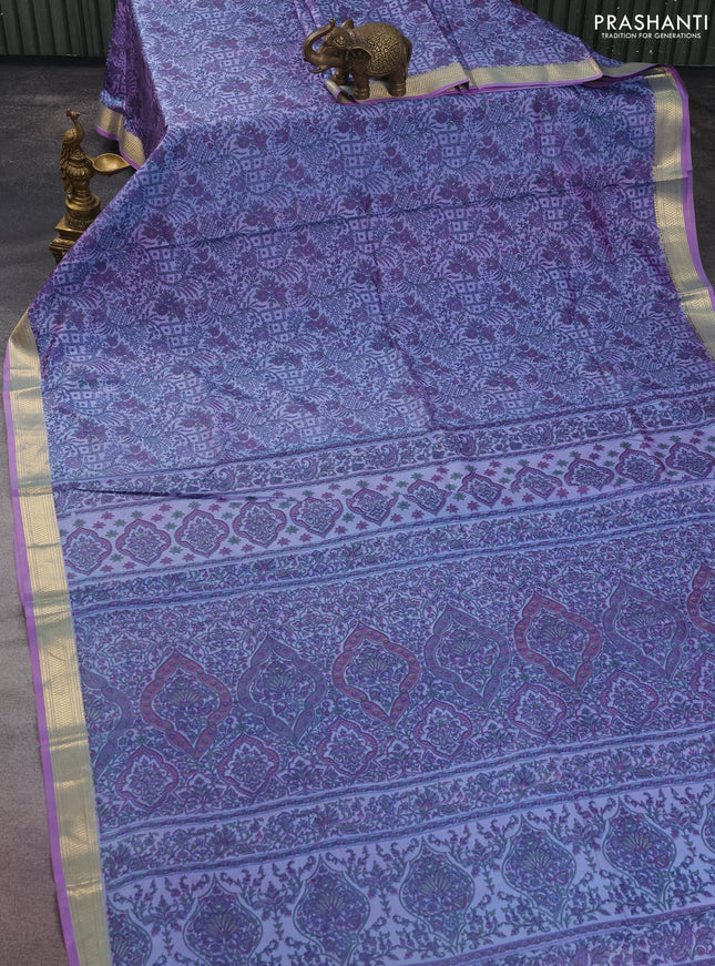 Printed silk saree dual shade of lavender with allover prints and zari woven border