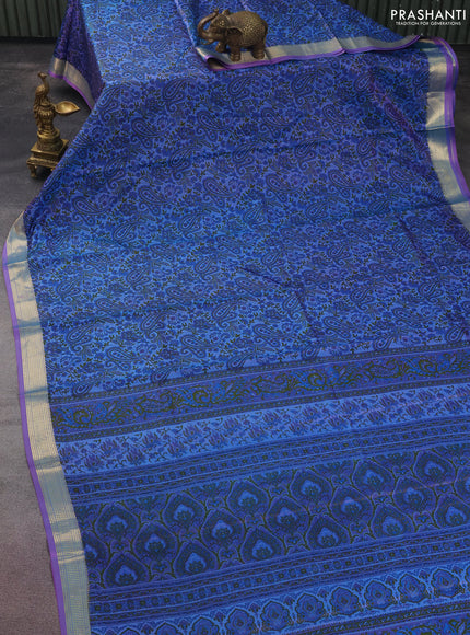 Printed silk saree dual shade of bluish purple with allover prints and zari woven border