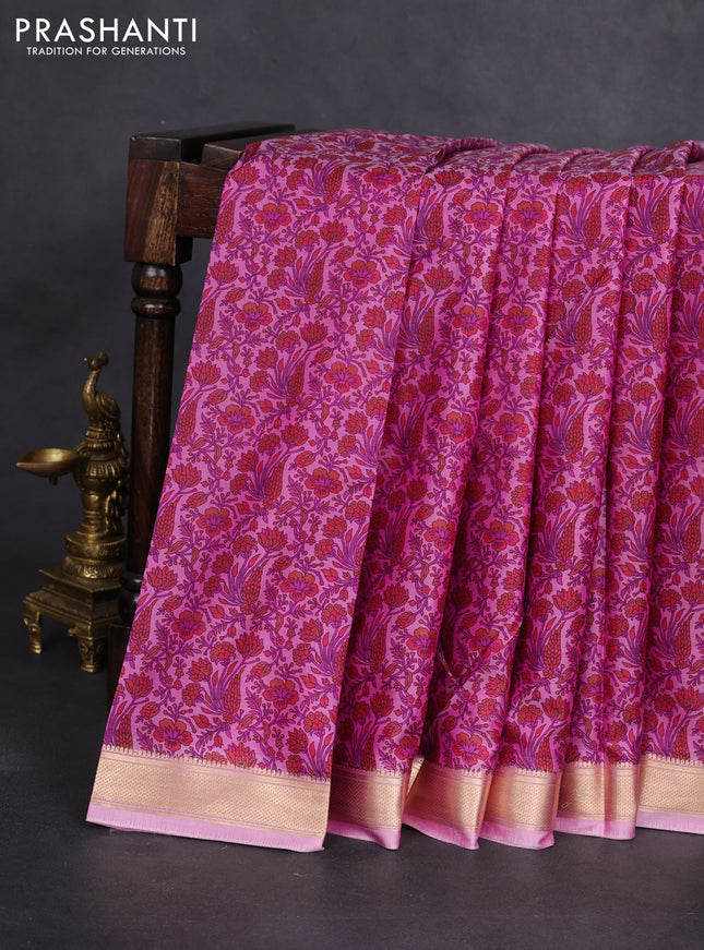 Printed silk saree lotus pink with allover prints and zari woven border