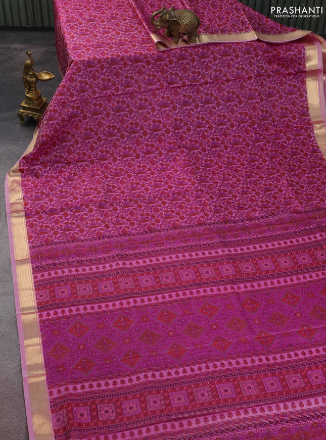 Printed silk saree lotus pink with allover prints and zari woven border
