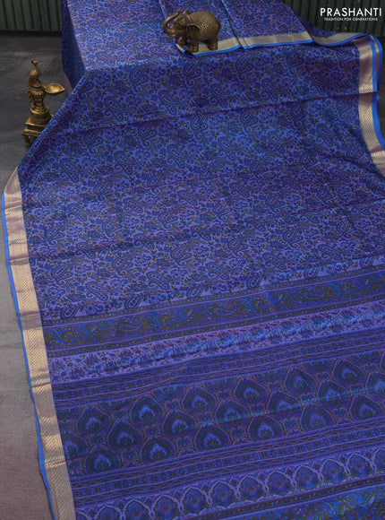 Printed silk saree dual shade of blue with allover prints and zari woven border