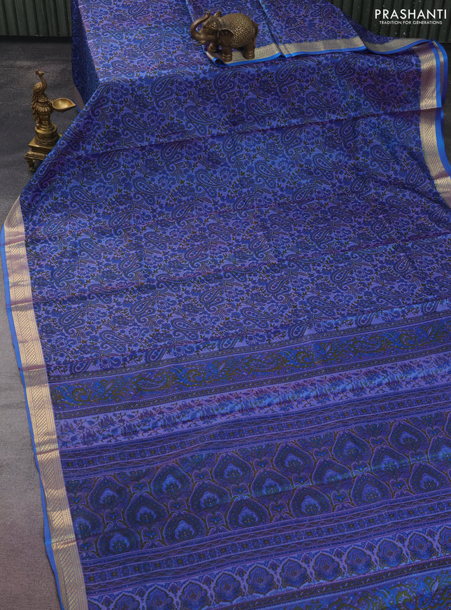 Printed silk saree dual shade of blue with allover prints and zari woven border