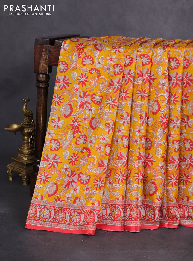 Printed silk saree yellow and red with allover kalamkari prints and printed border