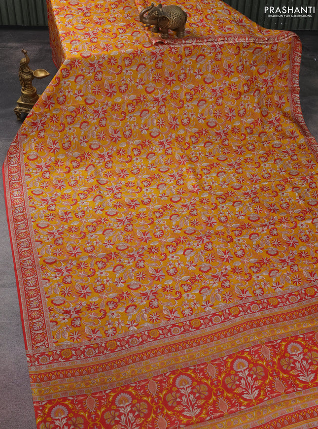 Printed silk saree yellow and red with allover kalamkari prints and printed border