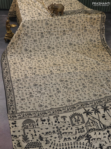 Printed silk saree cream and black with allover warli prints and printed border