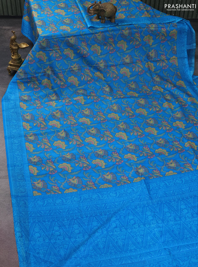 Printed silk saree csblue with allover prints and zari woven border